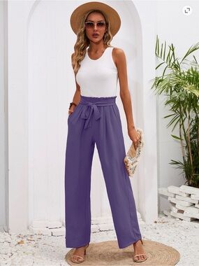 Women's Paperbag Waist Wide-Leg Pants - Purple size L